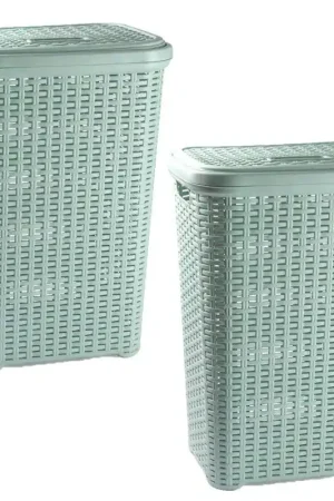 2x stuks grote rotan wasmand met deksel van 60 liter in het lichtgroen - Wasmanden Groothandel
