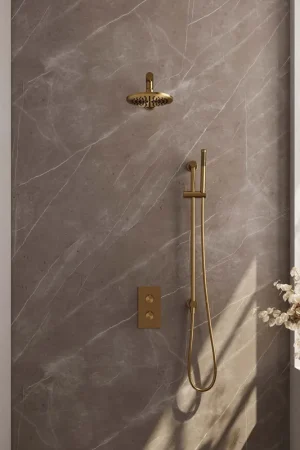 Actieprijs Brauer Gold Carving complete inbouw regendouche set 37 met 20cm douchekop, rechte muurarm, staafhanddouche en glijstang geborsteld messing PVD