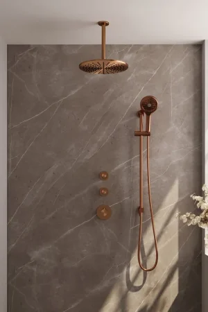 Actieprijs Brauer Copper Carving complete inbouw regendouche set 24 met 30cm douchekop, plafondarm, 3 standen handdouche en glijstang geborsteld koper PVD