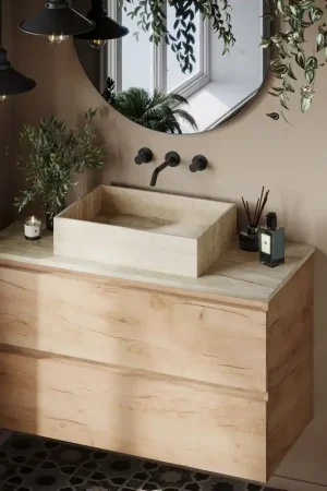 Aanbieding Fontana White Travertin warm eiken wastafelmeubel 100cm met toppaneel en rechthoekige waskom