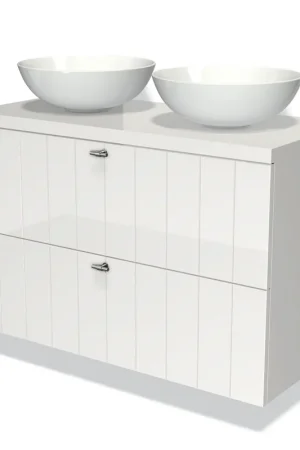 Aanbieding Modulo Plato Badkamermeubel voor waskom | 100 cm Hoogglans wit Lamel front Hoogglans wit blad 2 lades onder elkaar