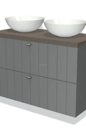 Aanbieding Modulo Plato Badkamermeubel voor waskom | 100 cm Middengrijs Lamel front Donkerbruin eiken blad 2 lades onder elkaar