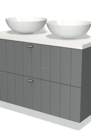 Aanbieding Modulo Plato Badkamermeubel voor waskom | 100 cm Middengrijs Lamel front Mat wit blad 2 lades onder elkaar