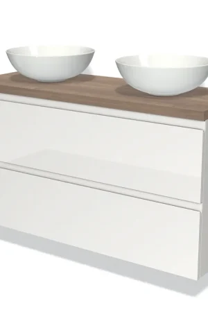 Aanbieding Modulo Plato Badkamermeubel voor waskom | 120 cm Hoogglans wit Greeploos front Middenbruin eiken blad 2 lades onder elkaar