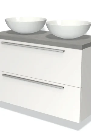 Aanbieding Modulo Plato Badkamermeubel voor waskom | 100 cm Mat wit Vlak front Lichtgrijs beton blad 2 lades onder elkaar