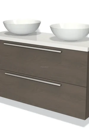 Modulo Plato Badkamermeubel voor waskom | 120 cm Donkerbruin eiken Vlak front Hoogglans wit blad 2 lades onder elkaar Superprijs