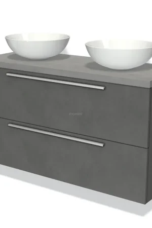 Aanbieding Modulo Plato Badkamermeubel voor waskom | 120 cm Donkergrijs beton Vlak front Lichtgrijs beton blad 2 lades onder elkaar
