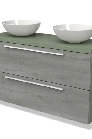 Aanbieding Modulo Plato Badkamermeubel voor waskom | 120 cm Grijs eiken Vlak front Saliegroen blad 2 lades onder elkaar