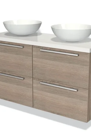 Aanbieding Modulo Plato Badkamermeubel voor waskom | 120 cm Eiken Vlak front Hoogglans wit blad 4 lades