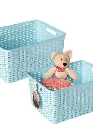 Hete Deal Plasticforte Opbergmand - 4x - Kastmand - rotan kunststof - lichtblauw - 18 Liter - 29 x 39 x 20 cm - Opbergmanden