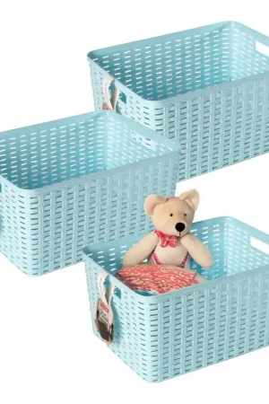 Plasticforte Opbergmand - 3x - Kastmand - rotan kunststof - lichtblauw - 18 Liter - 29 x 39 x 20 cm - Opbergmanden Plaats Bestelling