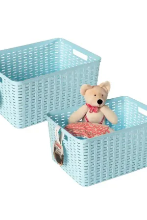 Plasticforte Opbergmand - 2x - Kastmand - rotan kunststof - lichtblauw - 18 Liter - 29 x 39 x 20 cm - Opbergmanden Flitsaanbieding