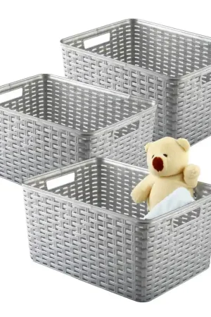 Dagaanbieding Plasticforte Opbergmand - 3x - Kastmand - rotan kunststof - zilvergrijs - 18 Liter - 29 x 39 x 20 cm - Opbergmanden