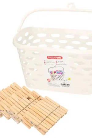 Wasknijpersmandje met haak - creme wit - en 100x houten wasknijpers 7 cm - Knijpers Seizoensaanbieding