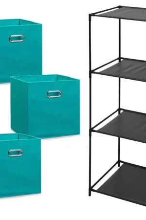 Aanbieding Zeller Kastmandjes/opberg mandjes - aqua groen/blauw - 3x stuks van 29 Liter - Rekje is 34 x 98 cm - Opbergmanden