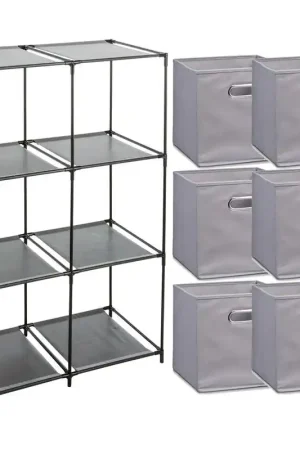 Authentiek Zeller Kastmandjes/opberg mandjes - grijs - 6x stuks van 29 Liter - Rekje is 68 x 98 cm - Opbergmanden