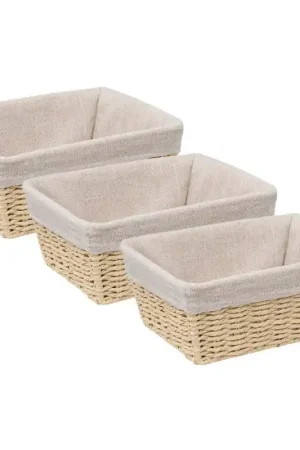 5Five - 3x - Broodmand Bistro plus - gevlochten papier/stof - creme wit - 25 x 19 x 10 cm - broodmand Exclusieve Aanbieding