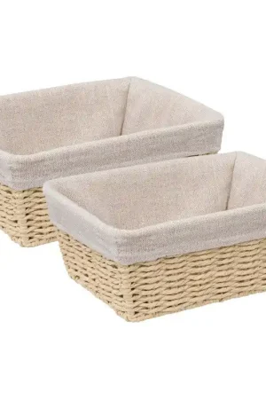 5Five - 2x - Broodmand Bistro plus - gevlochten papier/stof - creme wit - 25 x 19 x 10 cm - broodmand Laatste Versie