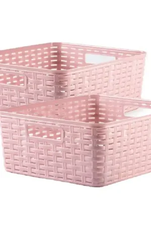 4x stuks rotan gevlochten opbergmand/opbergbox kunststof - Oud roze - 28 x 36 x 13.5 cm - Opbergbox Snelle Levering
