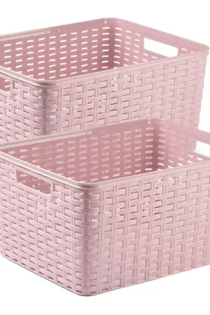 2x stuks rotan gevlochten opbergmand/opbergbox kunststof - Oud roze - 38 x 28 x 19 cm - Opbergbox Alleen Vandaag
